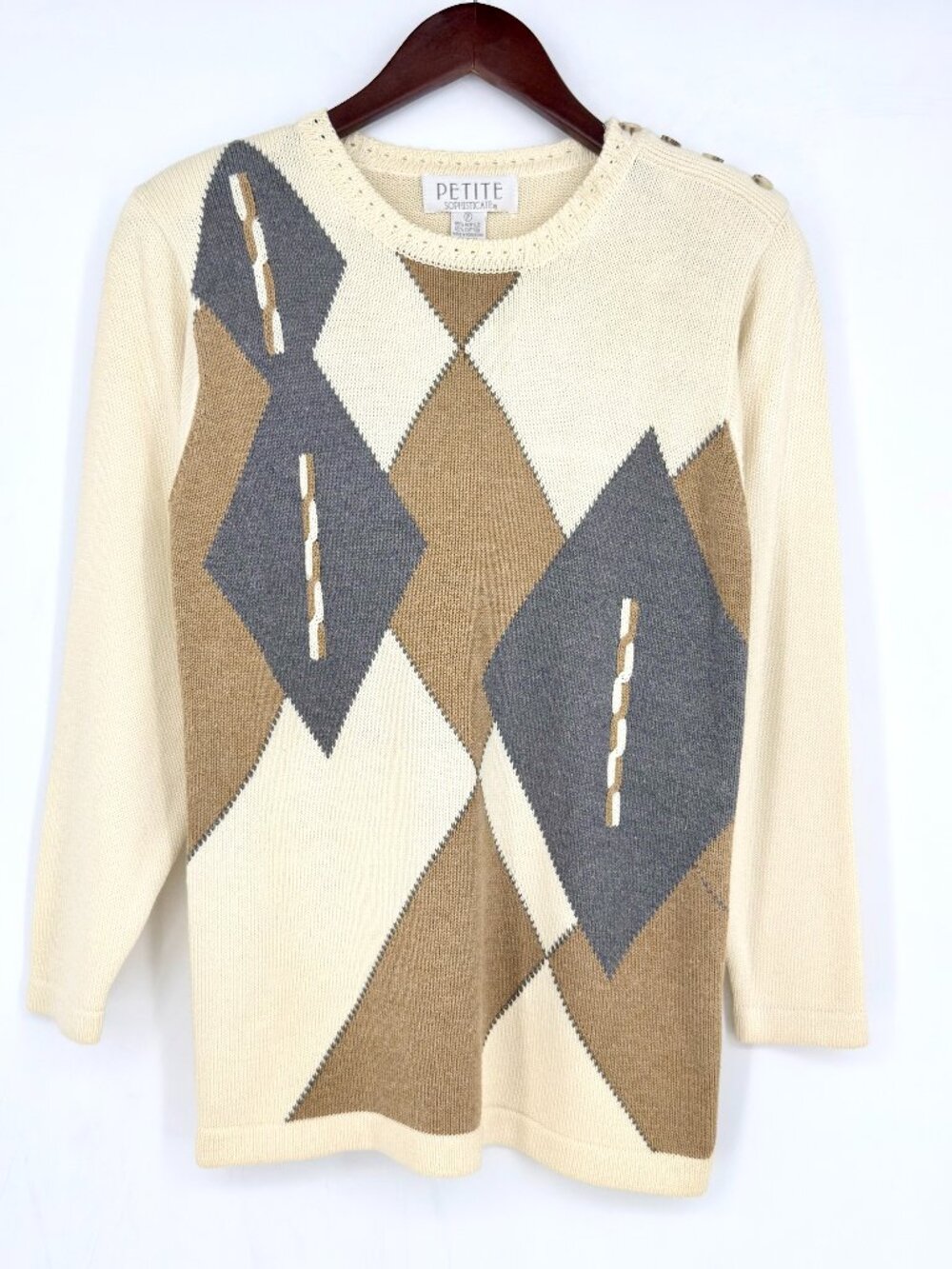 Vintage Petite Sophisticate Academic Argyle Knit Sweater New Open Collar Cream